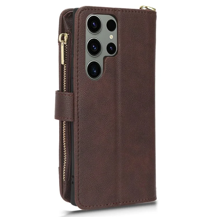 For Samsung Galaxy S23 Ultra Cellphone Cover, Wallet Zipper Pocket Phone Case with 2 Straps - Brown