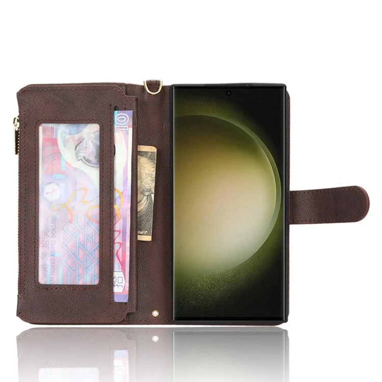 For Samsung Galaxy S23 Ultra Cellphone Cover, Wallet Zipper Pocket Phone Case with 2 Straps - Brown
