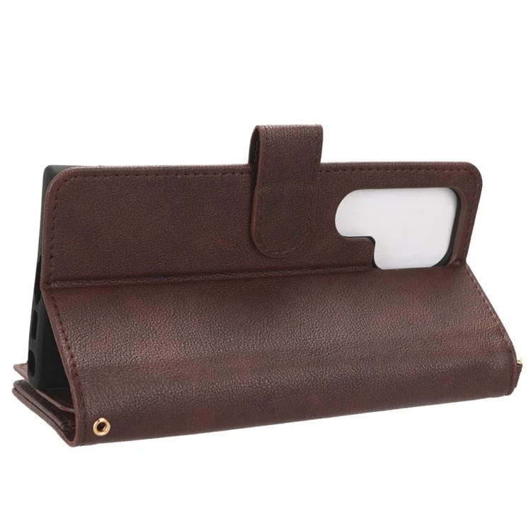 For Samsung Galaxy S23 Ultra Cellphone Cover, Wallet Zipper Pocket Phone Case with 2 Straps - Brown