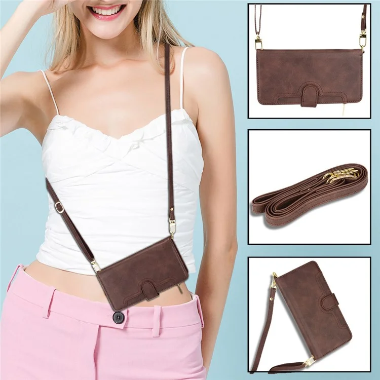 For Samsung Galaxy S23 Ultra Cellphone Cover, Wallet Zipper Pocket Phone Case with 2 Straps - Brown