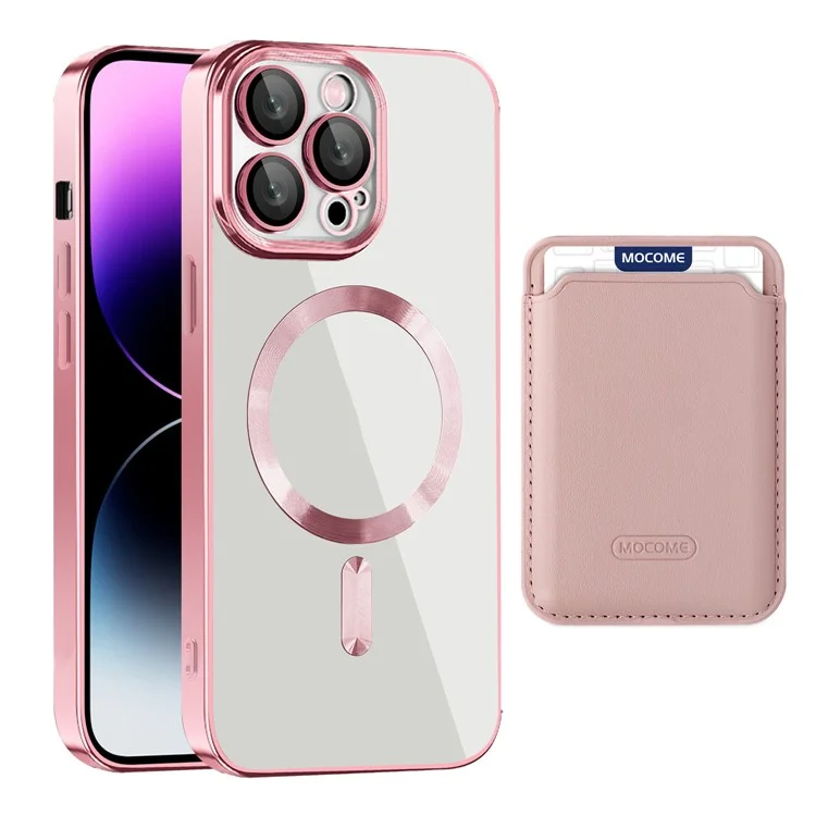 TPU + PC Slim Case for iPhone 14 Pro Max Magnetic Cover CD Texture Phone Case with Card Bag - Pink