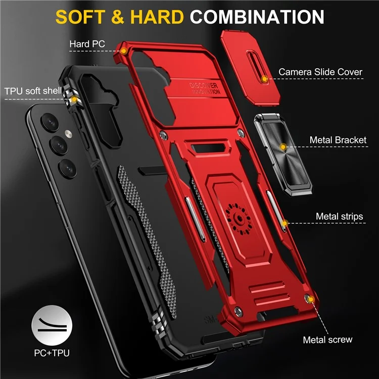 Armor Series Anti-scratch Phone Case for Samsung Galaxy A34 5G Kickstand Phone Cover with Slide Camera Protector - Red