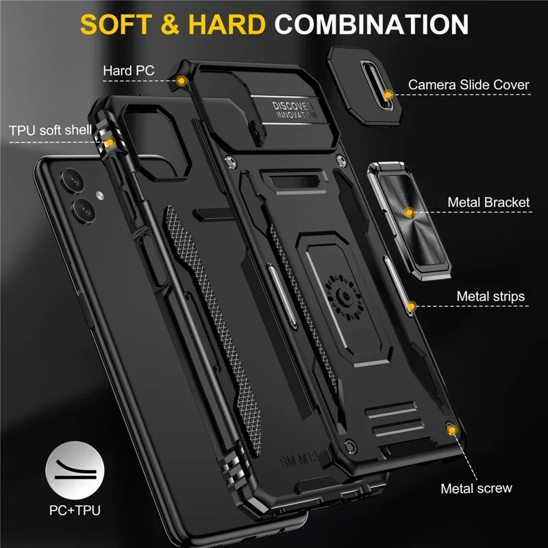 Shockproof Phone Case for Samsung Galaxy A04 4G (164.4 x 76.3 x 9.1 mm) / M13 5G , Armor Series PC + TPU Cover Kickstand - Black