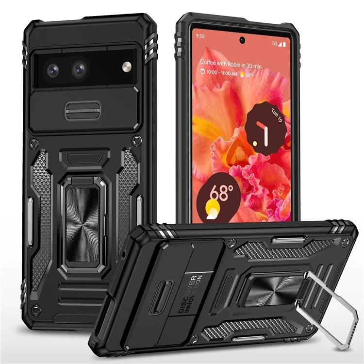 Shockproof Phone Case for Google Pixel 7a , Armor Series PC + TPU Protective Back Cover Kickstand - Black