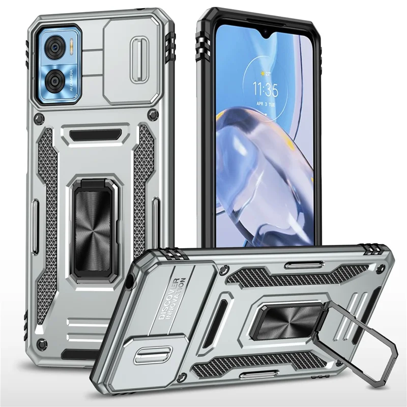 Armor Series for Motorola Moto E22i 4G / E22 4G Shockproof Phone Case Kickstand with Slide Camera Protector - Grey