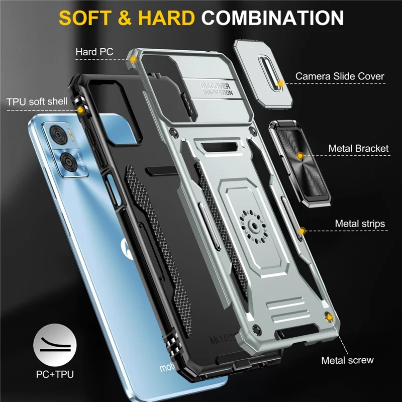 Armor Series for Motorola Moto E22i 4G / E22 4G Shockproof Phone Case Kickstand with Slide Camera Protector - Grey