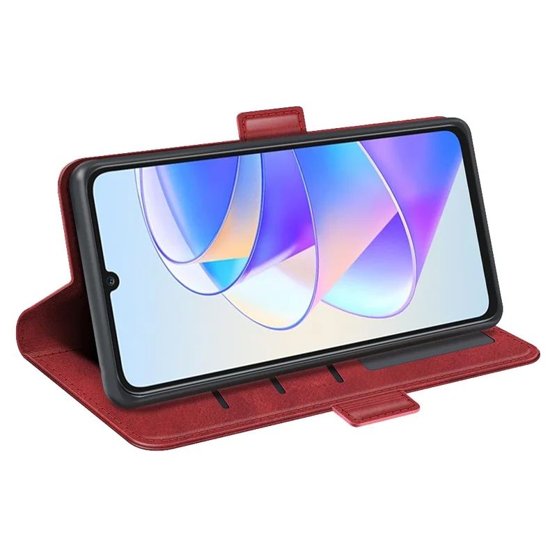 For Honor X7a 4G Phone Case Leather Calf Texture Magnetic Stand Wallet Cell Phone Cover - Red