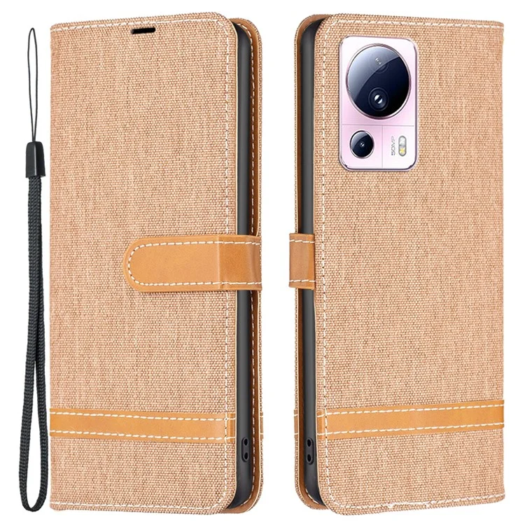 Per Xiaomi 13 Lite / Civi 2 5G Jeans Cloth Splicing PU Leather Wallet Cover Anti-drop Flip Stand Phone Case - Marrone