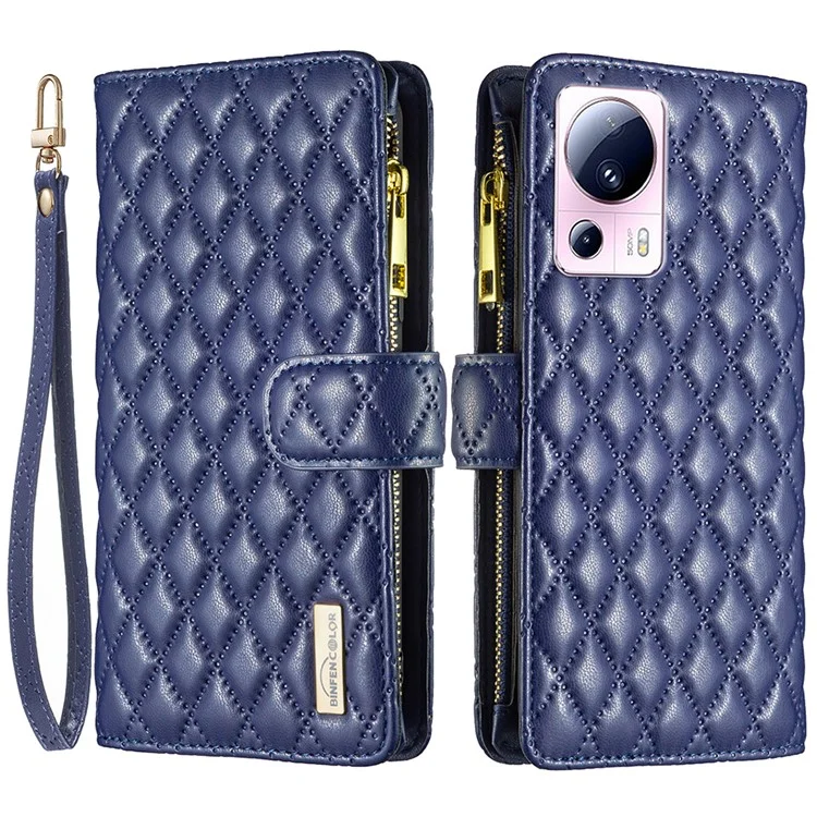 BINFEN COLOR BF Style-15 für Xiaomi 13 Lite / Civi 2 5G Reißverschlusstasche PU-Ledertasche Telefonständer-Abdeckung - Dunkelblau