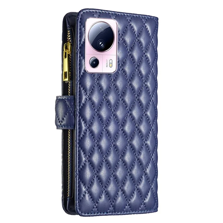 BINFEN COLOR BF Style-15 für Xiaomi 13 Lite / Civi 2 5G Reißverschlusstasche PU-Ledertasche Telefonständer-Abdeckung - Dunkelblau