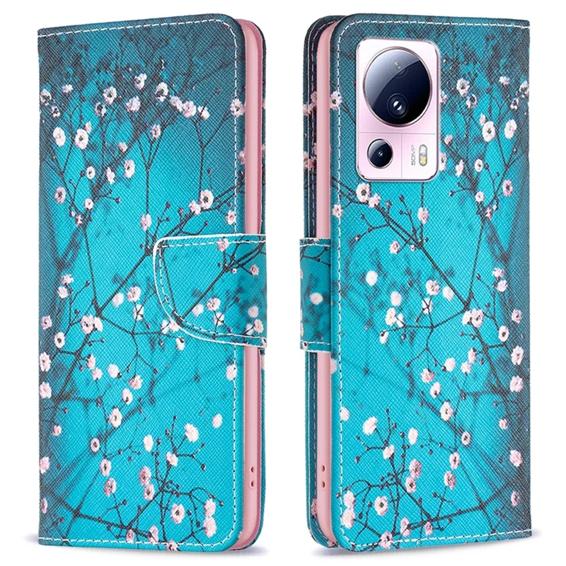 Serie de Cuero con Impresión de Patrones BF-1 para Xiaomi 13 Lite / Civi 2 5G Funda de Teléfono Antiparche de Cuero PU con Soporte - Flor de Ciruelo