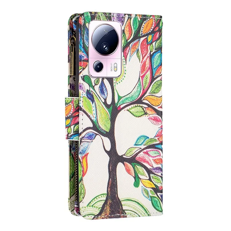 Série BF Pattern Printing Leather-4 para Xiaomi 13 Lite / Civi 2 5G Style-03 Zipper Wallet Phone Case PU Leather Stand Drop-proof Cover - Life Tree