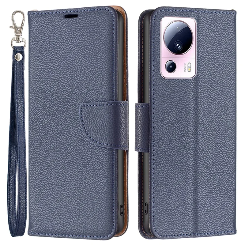 For Xiaomi 13 Lite / Civi 2 5G Wallet Case with Wrist Strap Litchi Texture Leather Phone Stand Cover - Dark Blue