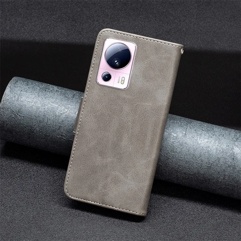 Série BF Leather-4 pour Xiaomi 13 Lite / Civi 2 5G Étui de téléphone avec support Étui portefeuille en cuir PU avec sangle - Gris