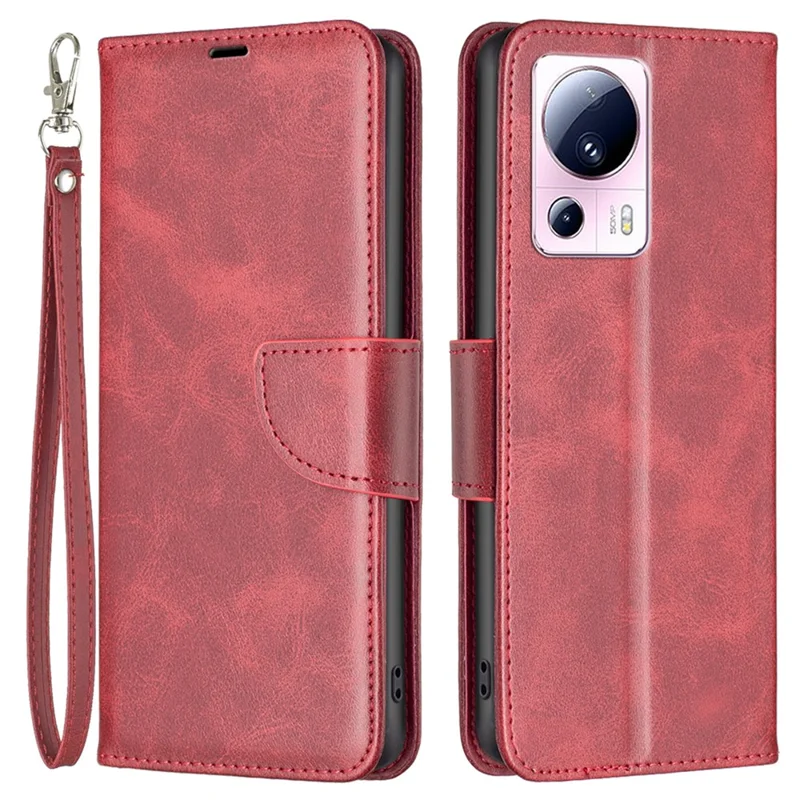 For Xiaomi 13 Lite / Civi 2 5G Case Smooth Leather Wallet Stand Mobile Phone Cover with Strap - Red