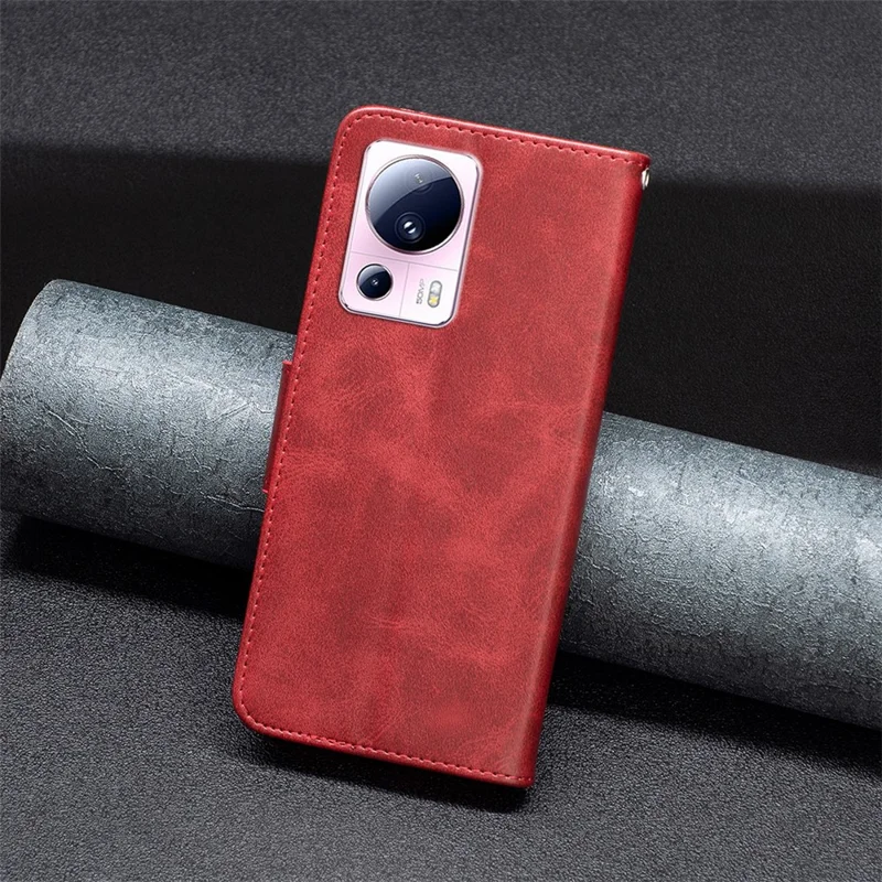 For Xiaomi 13 Lite / Civi 2 5G Case Smooth Leather Wallet Stand Mobile Phone Cover with Strap - Red