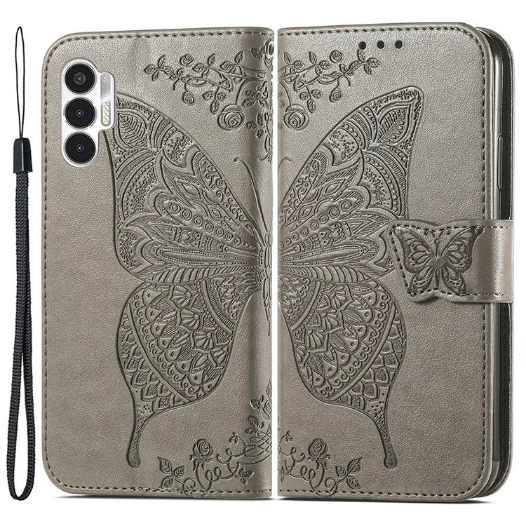 For TECNO Pova 3 4G Stand Phone Leather Case Butterfly Imprinted Phone Wallet Cover - Grey