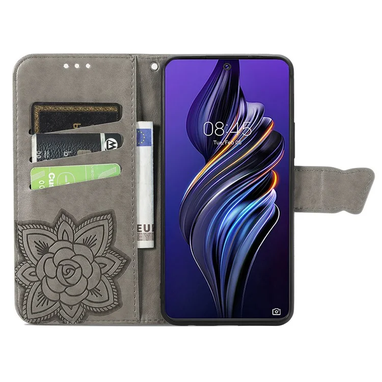For TECNO Pova 3 4G Stand Phone Leather Case Butterfly Imprinted Phone Wallet Cover - Grey