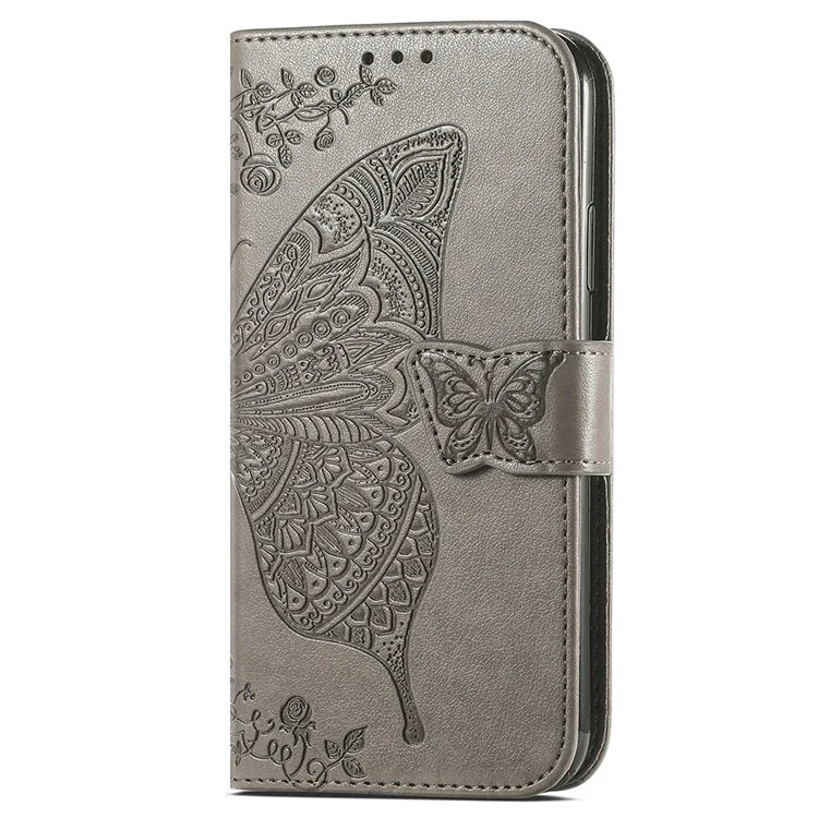 For TECNO Pova 3 4G Stand Phone Leather Case Butterfly Imprinted Phone Wallet Cover - Grey