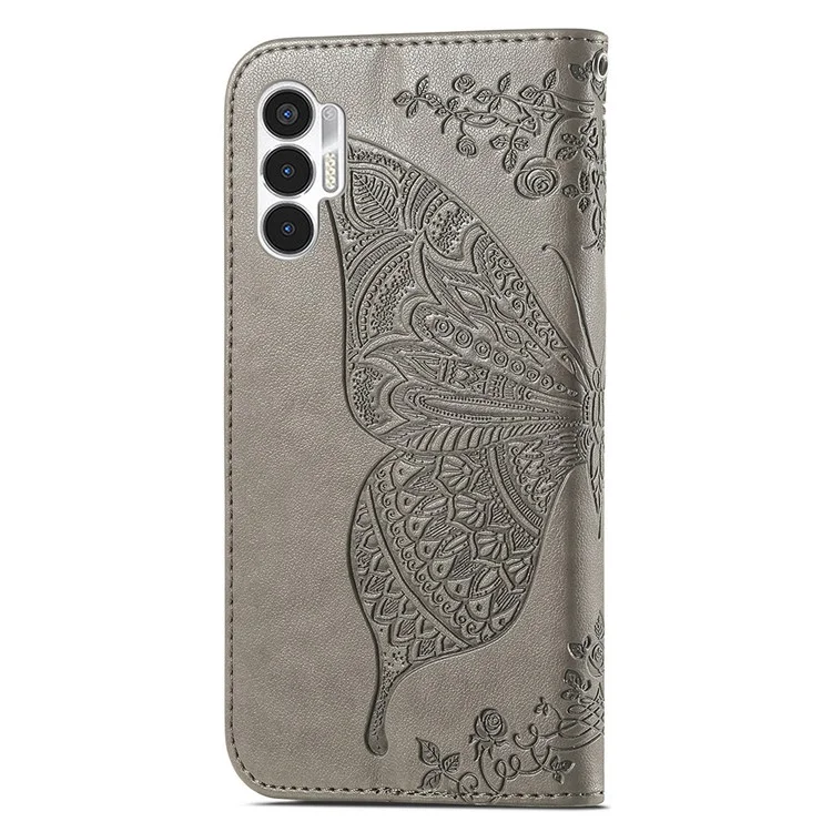 For TECNO Pova 3 4G Stand Phone Leather Case Butterfly Imprinted Phone Wallet Cover - Grey