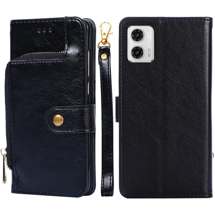 For Motorola Moto G73 5G Zipper Pocket Leather Phone Case Wallet Stand Phone Cover with Strap - Black