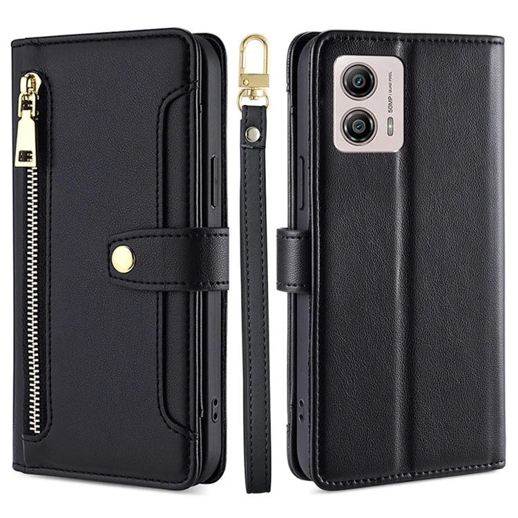 Funda de cuero para Motorola Moto G53 5G / G23 4G / G13 4G con ranuras para tarjetas, bolsillo con cremallera y soporte - Negro