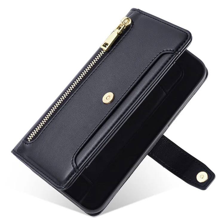 Funda de cuero para Motorola Moto G53 5G / G23 4G / G13 4G con ranuras para tarjetas, bolsillo con cremallera y soporte - Negro