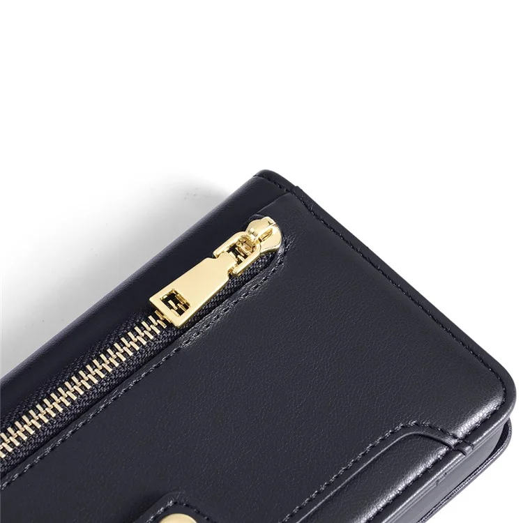 Funda de cuero para Motorola Moto G53 5G / G23 4G / G13 4G con ranuras para tarjetas, bolsillo con cremallera y soporte - Negro