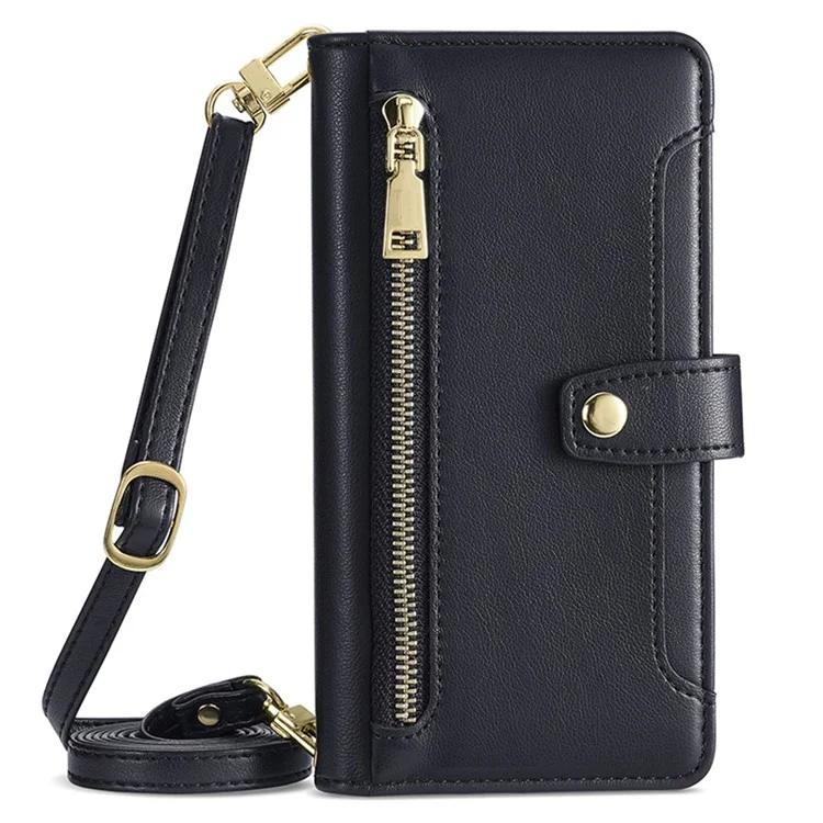 Funda de cuero para Motorola Moto G53 5G / G23 4G / G13 4G con ranuras para tarjetas, bolsillo con cremallera y soporte - Negro
