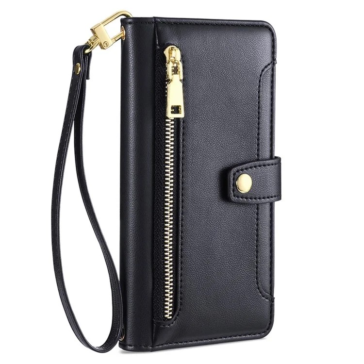 Funda de cuero para Motorola Moto G53 5G / G23 4G / G13 4G con ranuras para tarjetas, bolsillo con cremallera y soporte - Negro