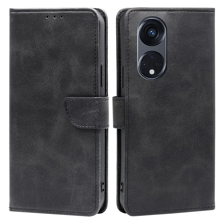 Para Oppo Reno8 T 5G / A1 Pro 5G Calf Texture Leather Case Anti-scratch Wallet Stand Phone Cover - Black