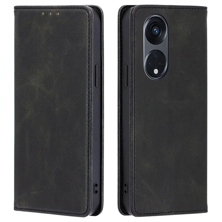 Pour Oppo Reno8 T 5G / A1 Pro 5G Calf Texture Phone Case Magnetic Auto-absorbed Wallet Leather Stand Cover - Noir