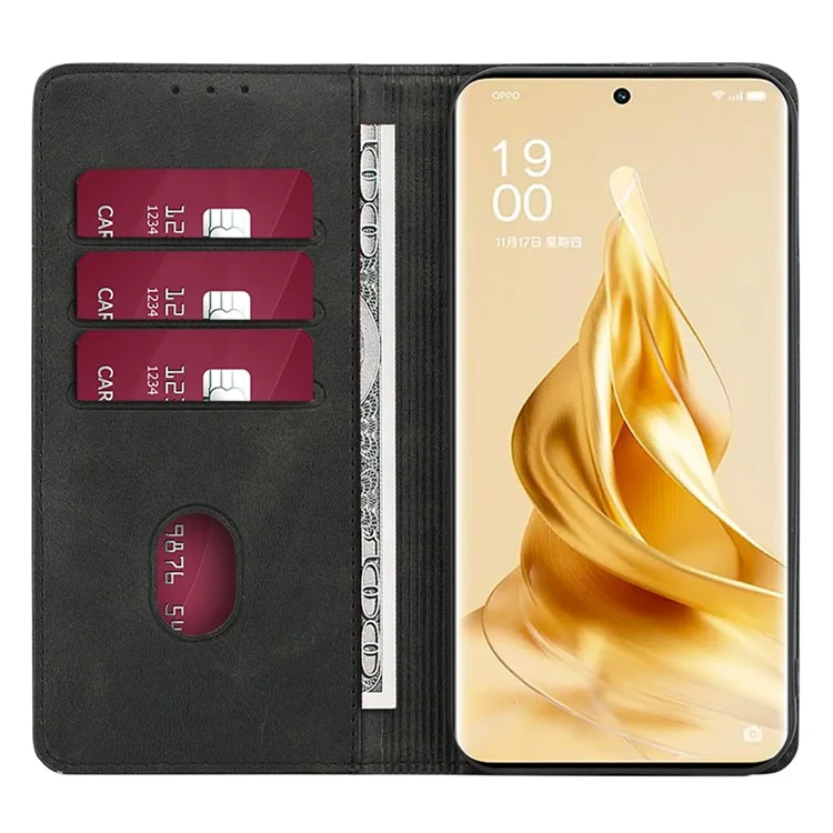 Pour Oppo Reno8 T 5G / A1 Pro 5G Calf Texture Phone Case Magnetic Auto-absorbed Wallet Leather Stand Cover - Noir