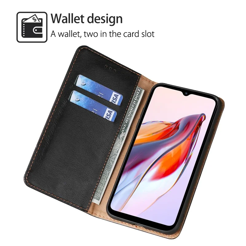 Til Xiaomi Redmi 12C 4G PU Læder Wallet Stående Taske Magnetisk Lukkemekanisme Anti-drop Telefonbeskyttelse - Sort