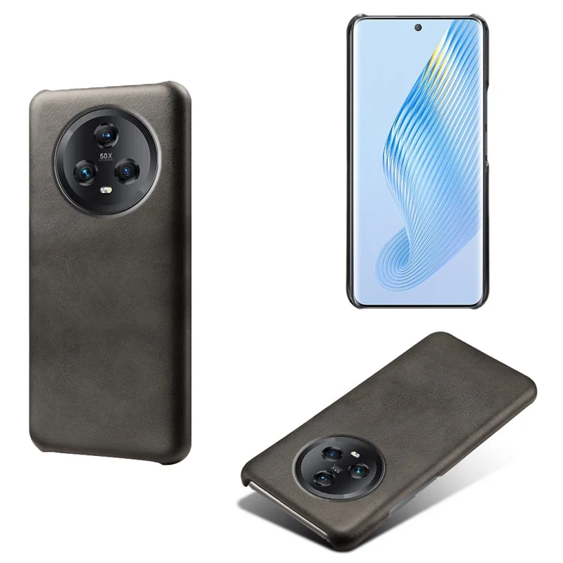 Cell Phone Case for Honor Magic5 , Calf Texture Anti-drop Leather Coated PC Phone Cover - Black