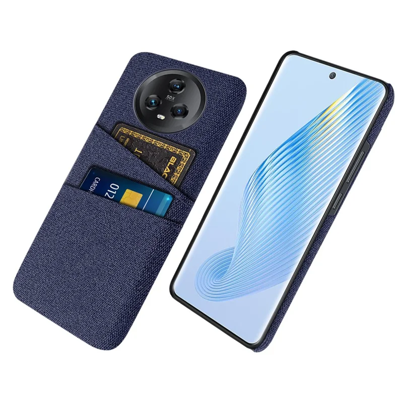 Dual Card Slots Phone Case for Honor Magic5 , Cloth Texture Hard PC Protective Phone Cover - Blue