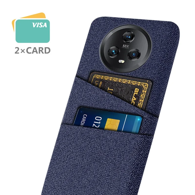 Dual Card Slots Phone Case for Honor Magic5 , Cloth Texture Hard PC Protective Phone Cover - Blue