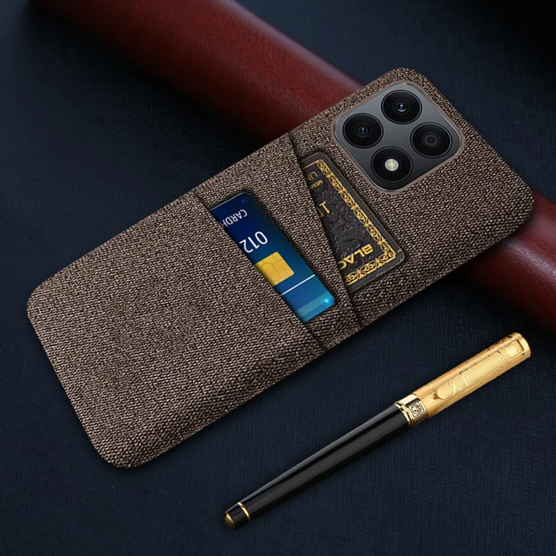 Dual Card Slots Hard PC Phone Case for Honor X8a 4G , Cloth Texture Protective Phone Cover - Brown