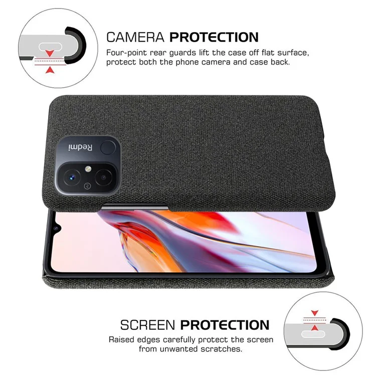 Cellphone Case for Xiaomi Redmi 12C 4G Solid Color Anti-scratch Hard PC+Cloth Phone Back Cover - Black