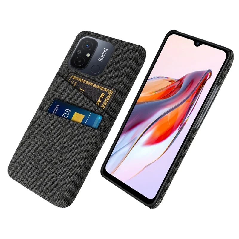 Dual Card Slots Cloth Texture Phone Case for Xiaomi Redmi 12C 4G , Hard PC Protective Phone Cover - Black