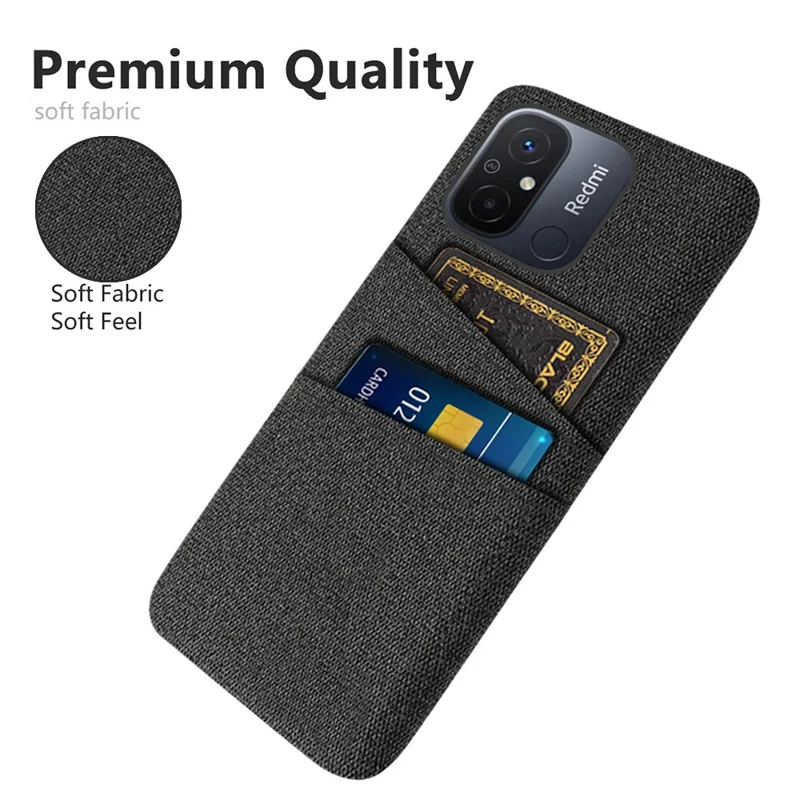 Dual Card Slots Cloth Texture Phone Case for Xiaomi Redmi 12C 4G , Hard PC Protective Phone Cover - Black