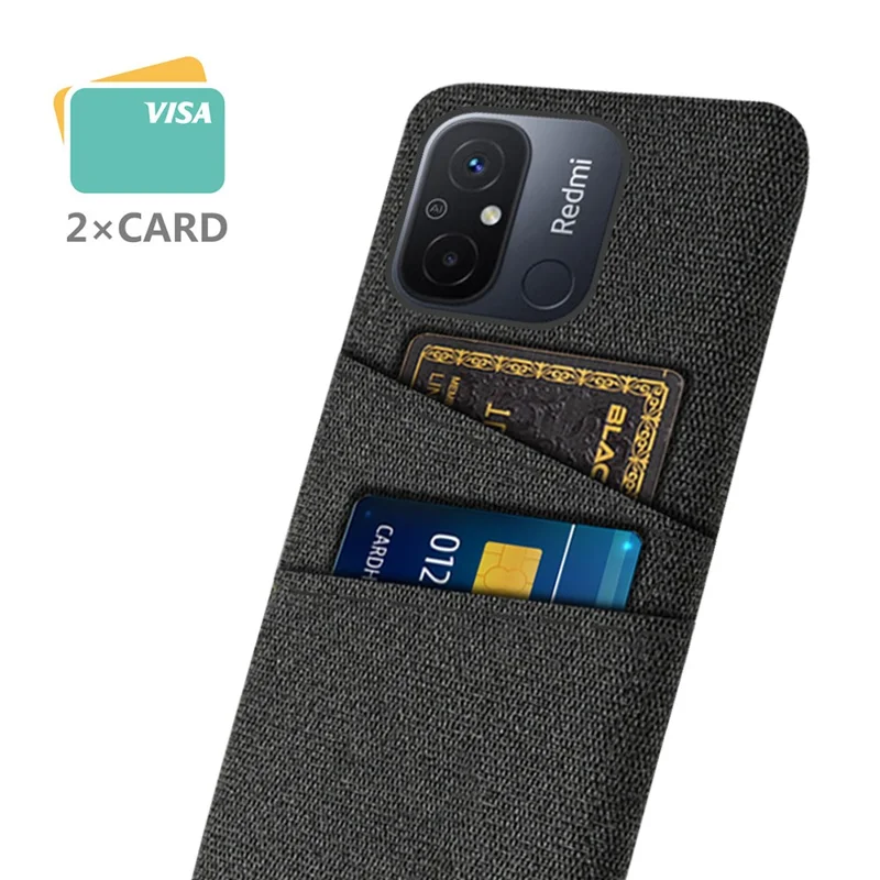 Dual Card Slots Cloth Texture Phone Case for Xiaomi Redmi 12C 4G , Hard PC Protective Phone Cover - Black