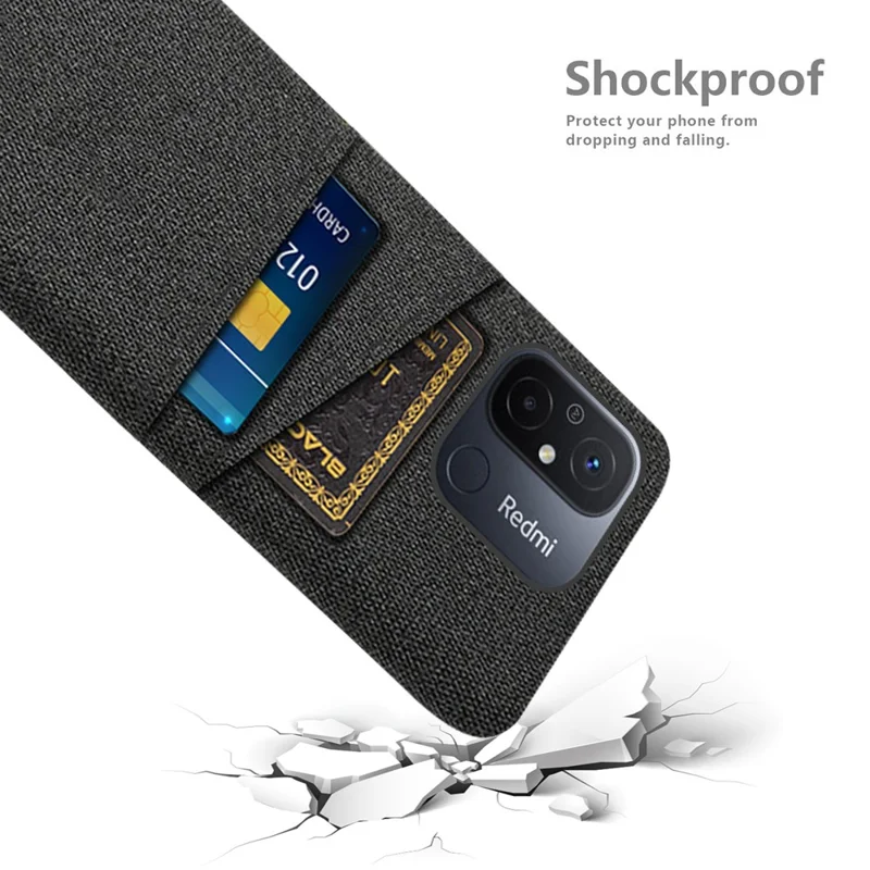 Dual Card Slots Cloth Texture Phone Case for Xiaomi Redmi 12C 4G , Hard PC Protective Phone Cover - Black