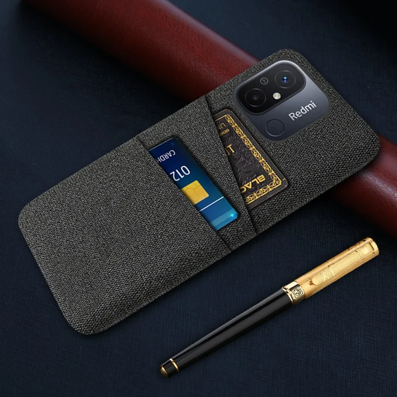 Dual Card Slots Cloth Texture Phone Case for Xiaomi Redmi 12C 4G , Hard PC Protective Phone Cover - Black