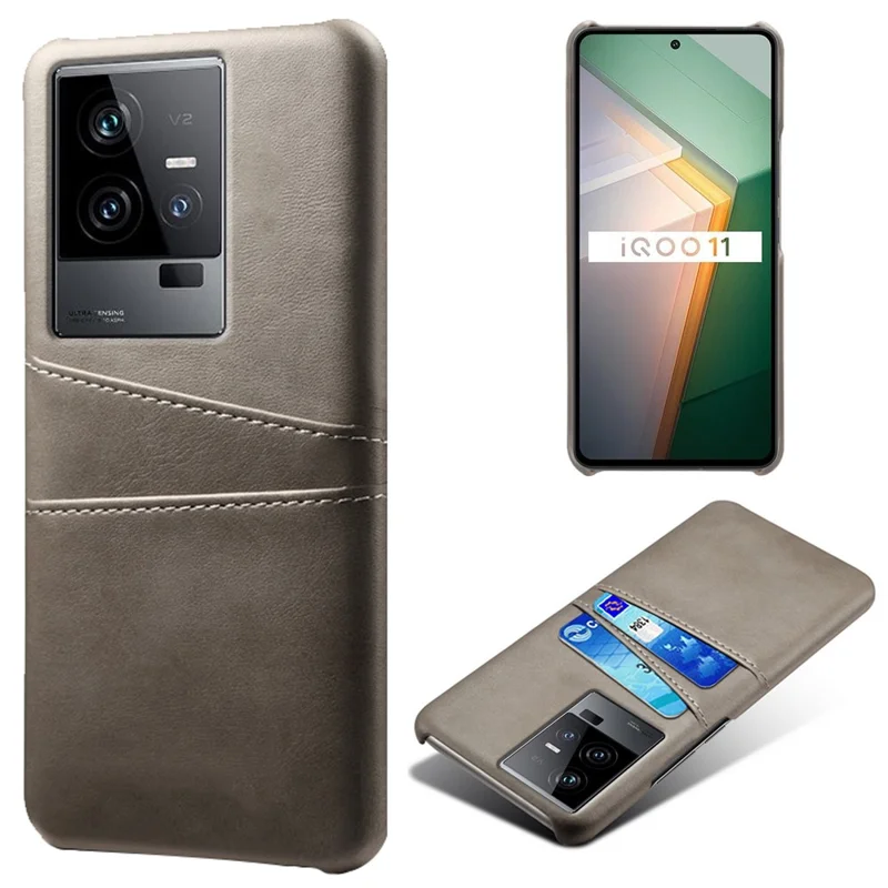 For vivo iQOO 11 5G Dual Card Slots Phone Case Leather Coated PC Phone Cover - Grey