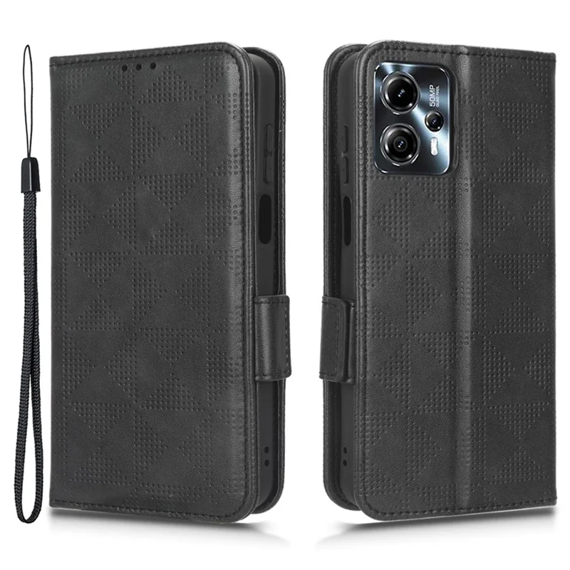 For Motorola Moto G13 4G / G23 4G Læder Telefonbeskyttelse Med Wallet Stådesign, Indgraveret Trekantmønster, Anti-skramme Telefoncase - Sort