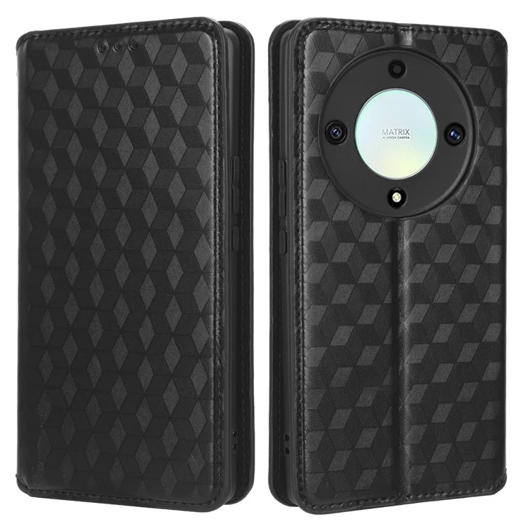 For Honor X9a 5G / X40 5G / Magic5 Lite 5G Phone Leather Case Wallet Stand Imprinted Rhombus Pattern Phone Cover - Black