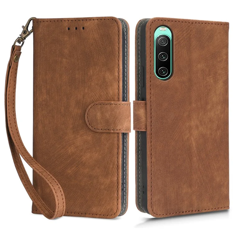 Para Sony Xperia 10 IV 5G Caixa de Catura de Catura de Catura RFID Blocking Tope Com Strap - Marrom