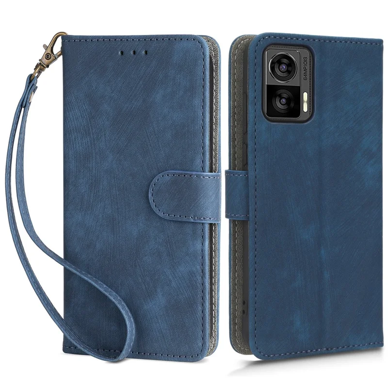 RFID Blocking Phone Case for Motorola Edge 30 Neo 5G , Leather Wallet Stand Phone Cover with Strap - Blue