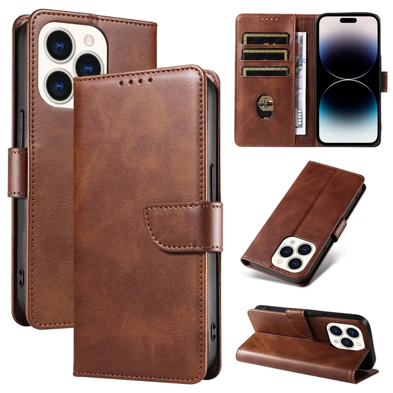 Cell Phone Cover For iPhone 14 Pro Max , Square Clasp Anti-shock Flip Leather Wallet Case with Stand - Brown